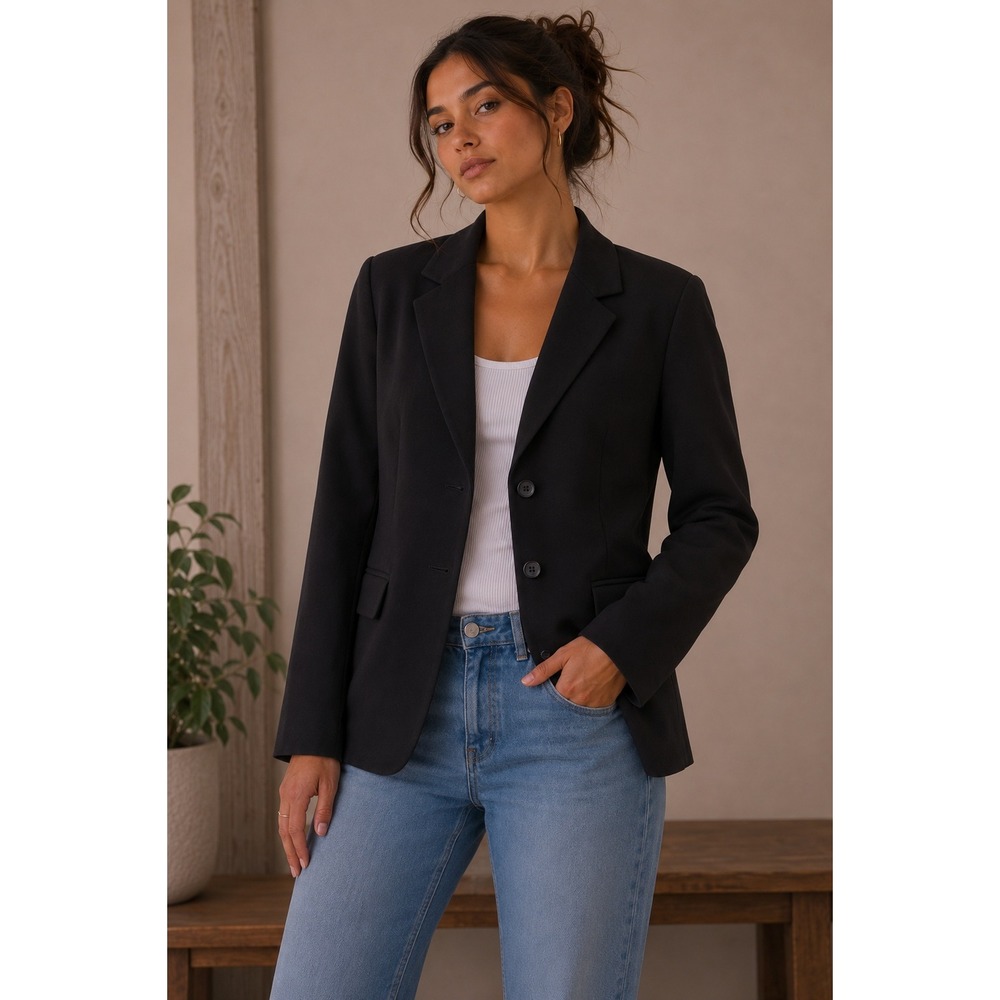 Merona Navy Blue Three Button Blazer Jacket Striped Cuffs Womens Size 16